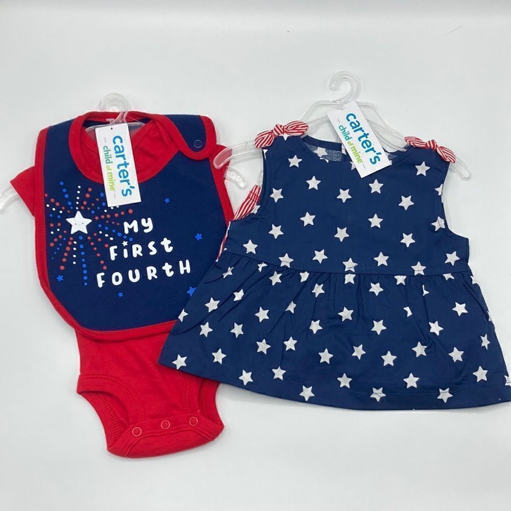 Baby Girls Patriotic Outfits Dress Bodysuit & Bib 2, 2-Piece Sets Size 0-3 M
